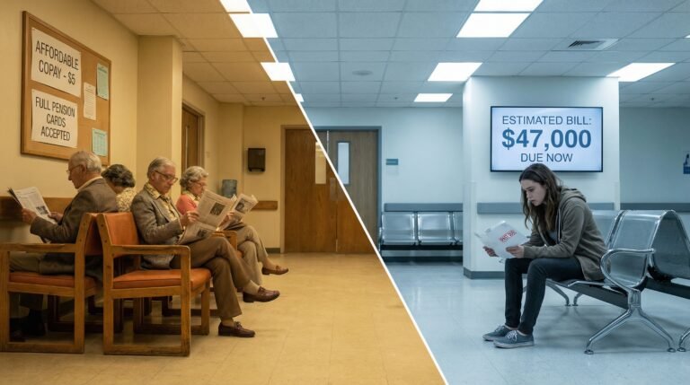 Split image showing affordable Boomer-era healthcare versus costly 2026 Millennial medical bills