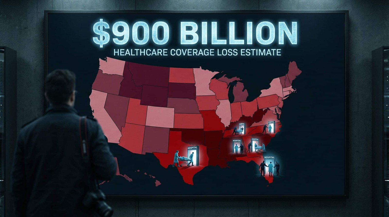 US map showing states with largest Medicaid coverage losses from 900 billion dollar cuts