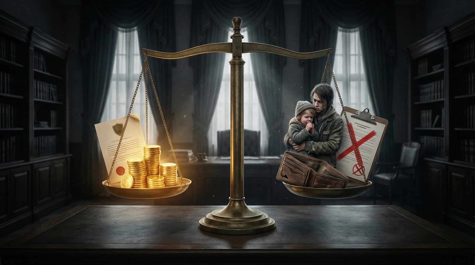 Scale balancing Boomer pension and Medicare benefits against Millennial work requirements and denied coverage