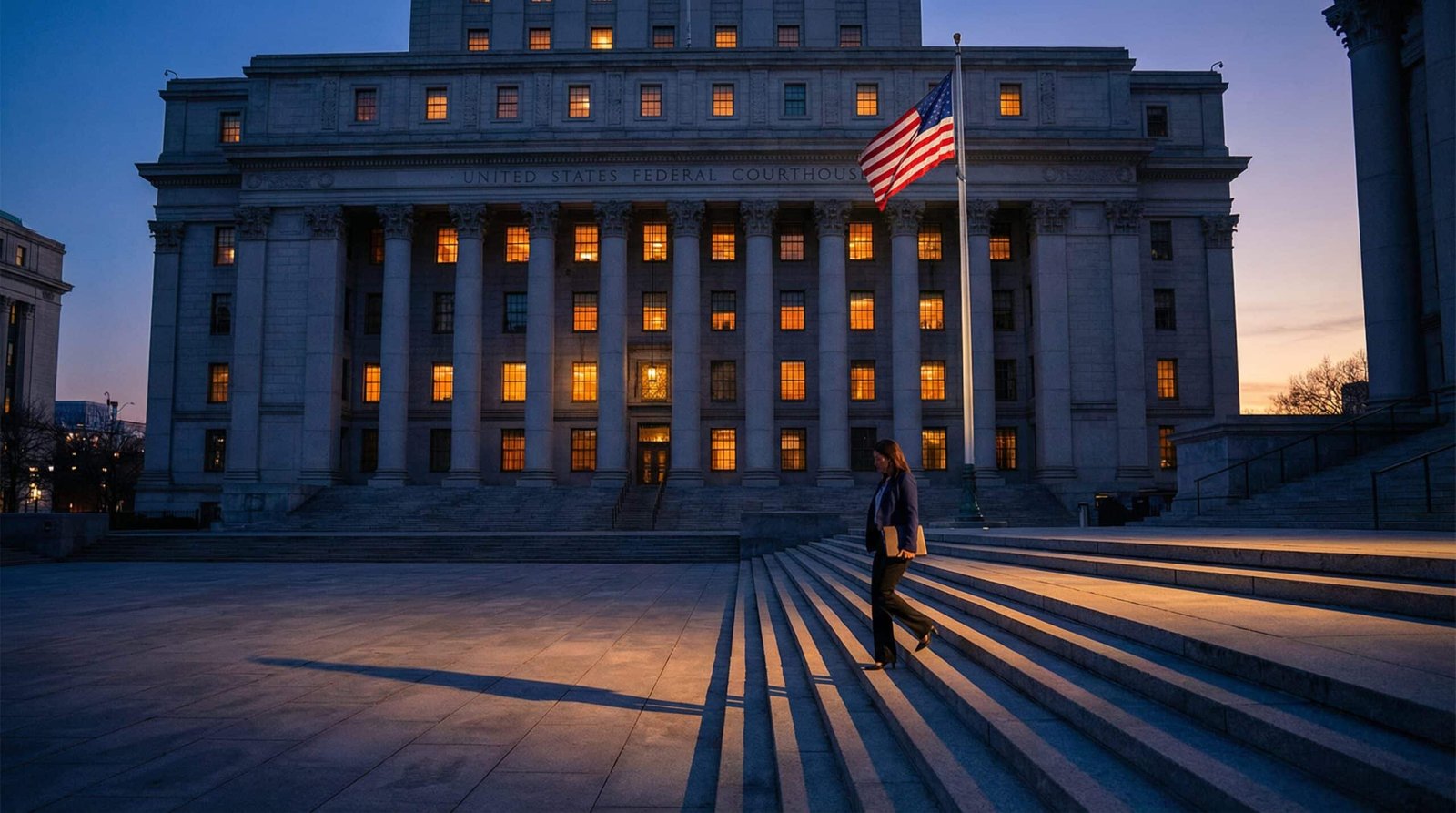 person walking up bankruptcy courthouse steps holding medical debt paperwork at dusk