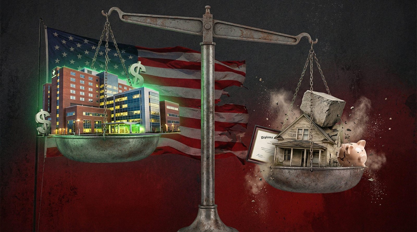 scale balancing hospital costs against house diploma and savings crushed by medical debt