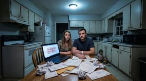 medical debt crushing American family with hospital bills on kitchen table