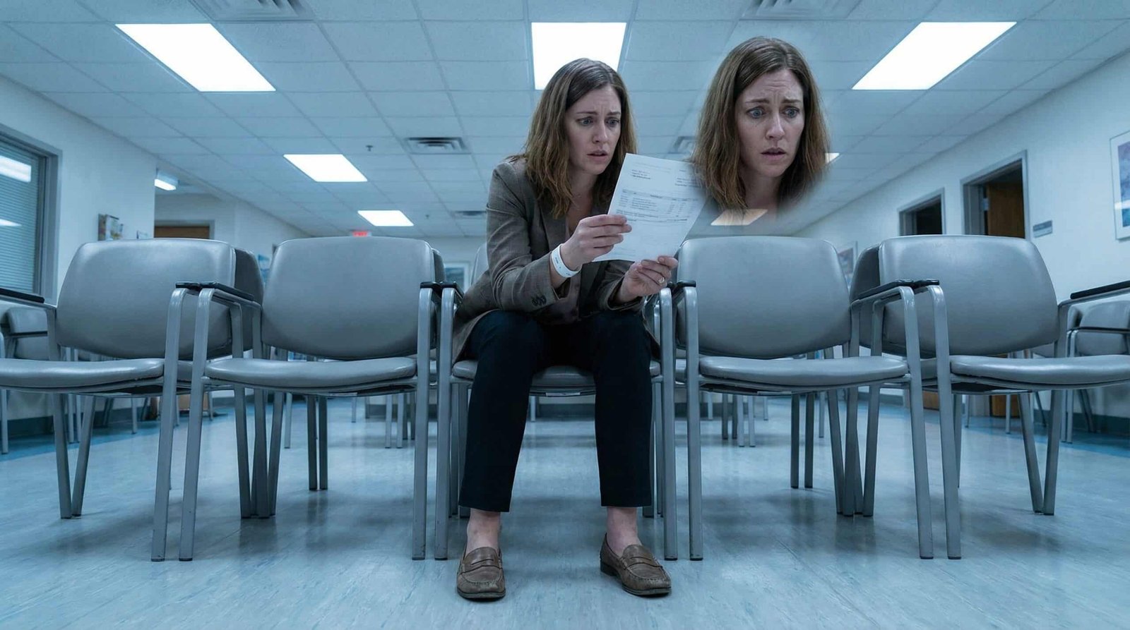 young millennial woman in hospital waiting room shocked by medical bill amount