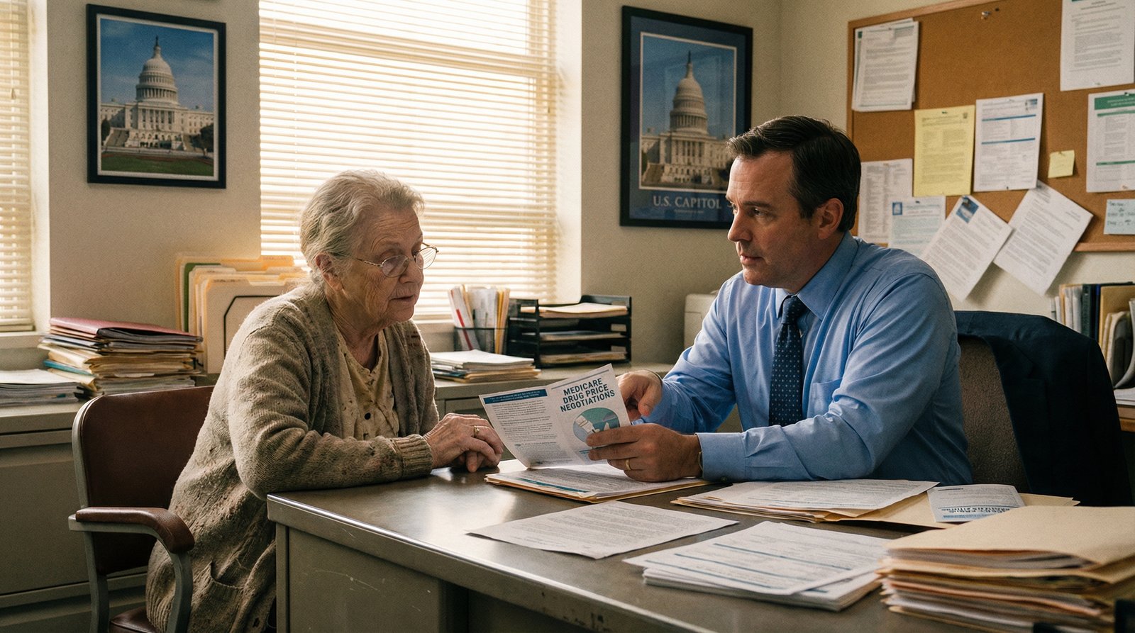 Senior citizen reviewing Medicare drug price negotiation pamphlet at government office