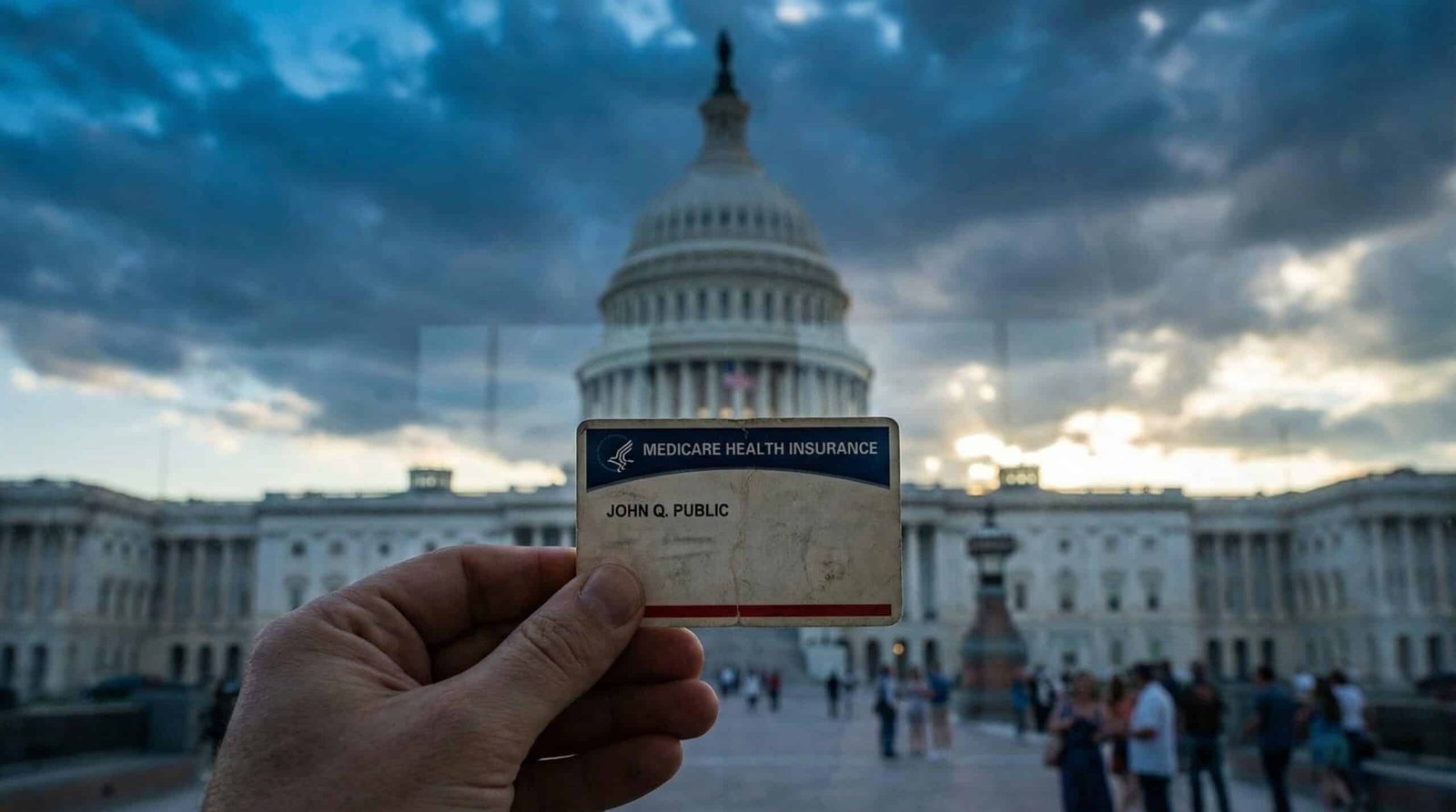 US Capitol building viewed through Medicare insurance card representing political healthcare spending debate