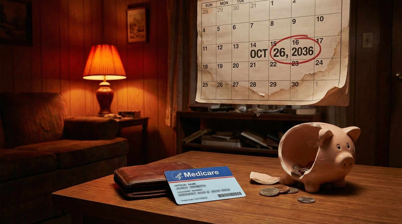 Calendar showing 2036 Medicare trust fund depletion date with empty piggy bank in foreground