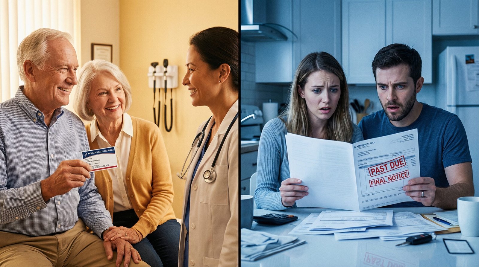 split image boomer couple with Medicare card versus young couple overwhelmed by medical debt