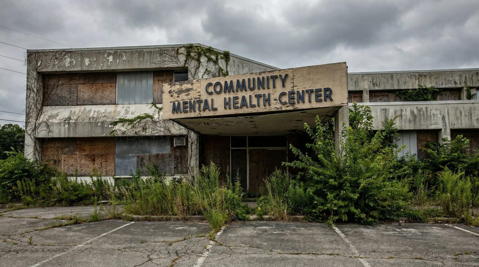 Abandoned boarded-up community mental health center building after Reagan-era defunding cuts in 1981