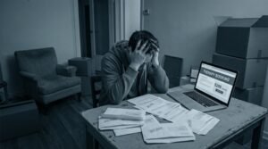 Young millennial sitting alone surrounded by bills and therapy booking screen showing 200 dollar session cost