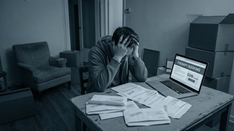 Young millennial sitting alone surrounded by bills and therapy booking screen showing 200 dollar session cost