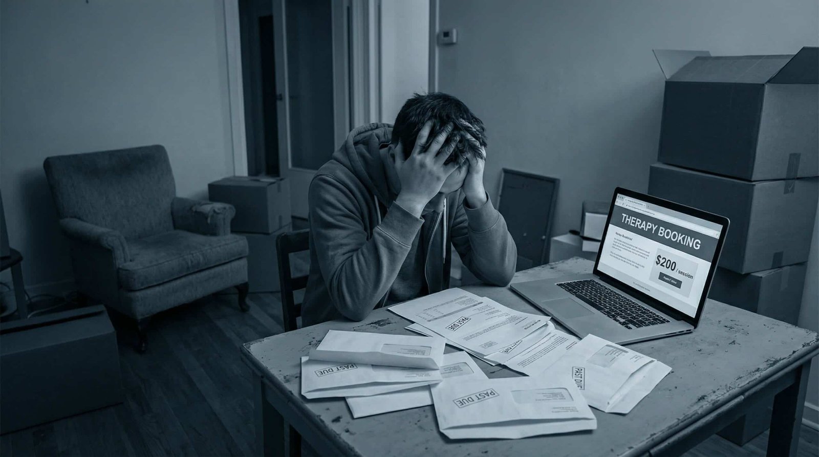 Young millennial sitting alone surrounded by bills and therapy booking screen showing 200 dollar session cost