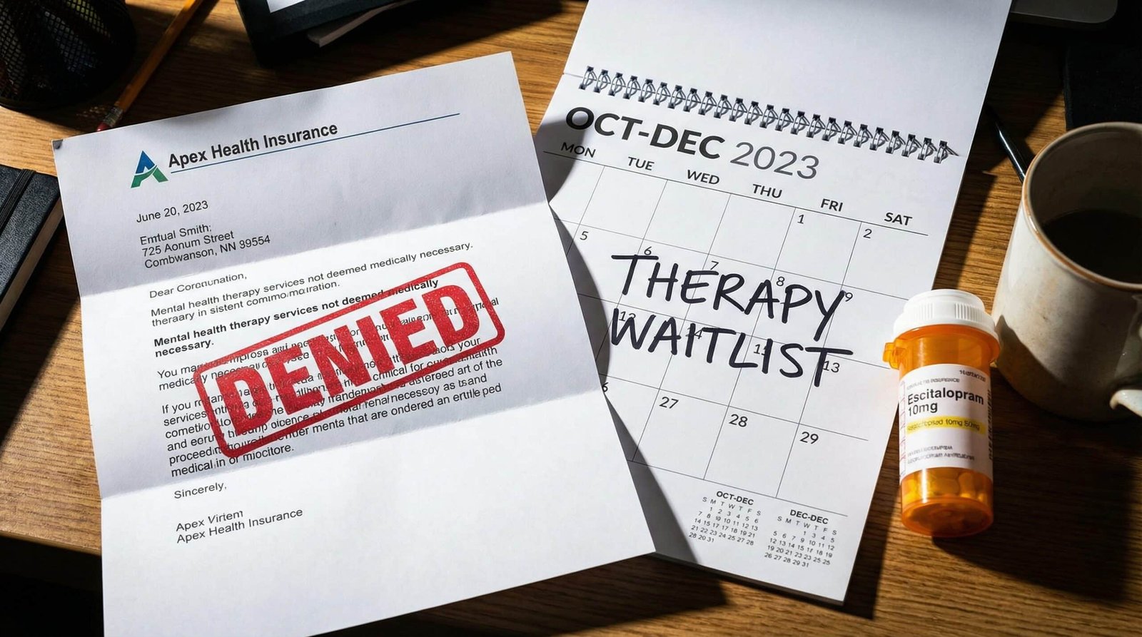 Health insurance claim denial letter for mental health therapy stamped denied in red with three month waitlist calendar