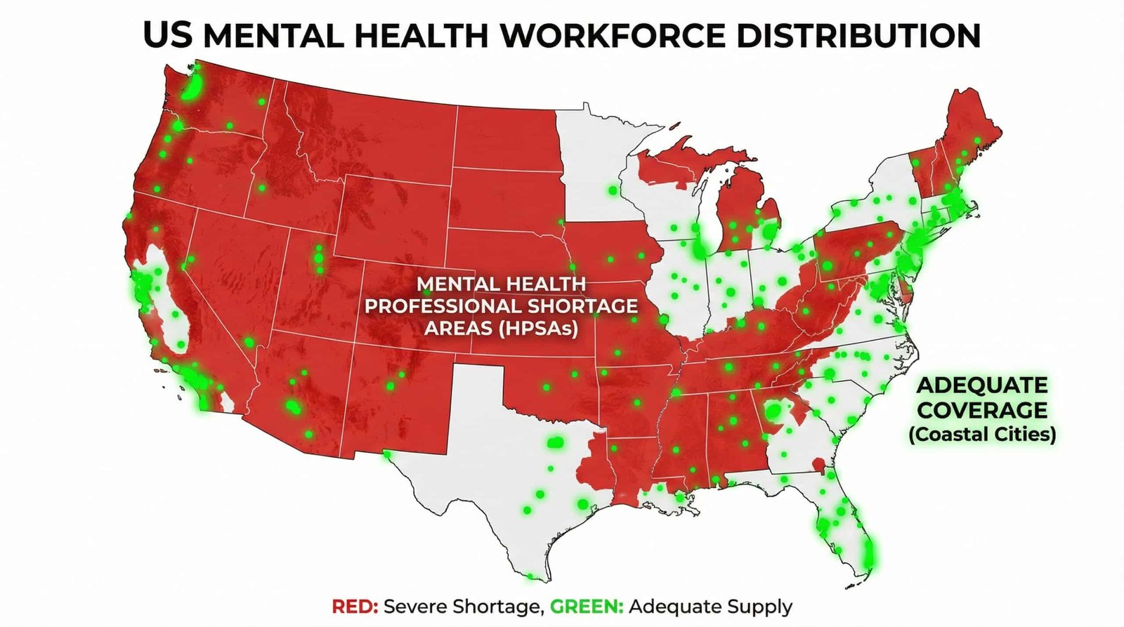 US map showing mental health professional shortage areas covering most of rural America leaving millions without care