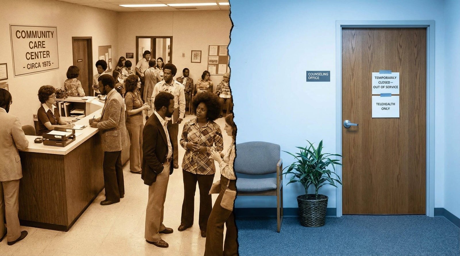 Split screen comparing well-funded 1970s community mental health center and modern closed empty counseling office generational comparison