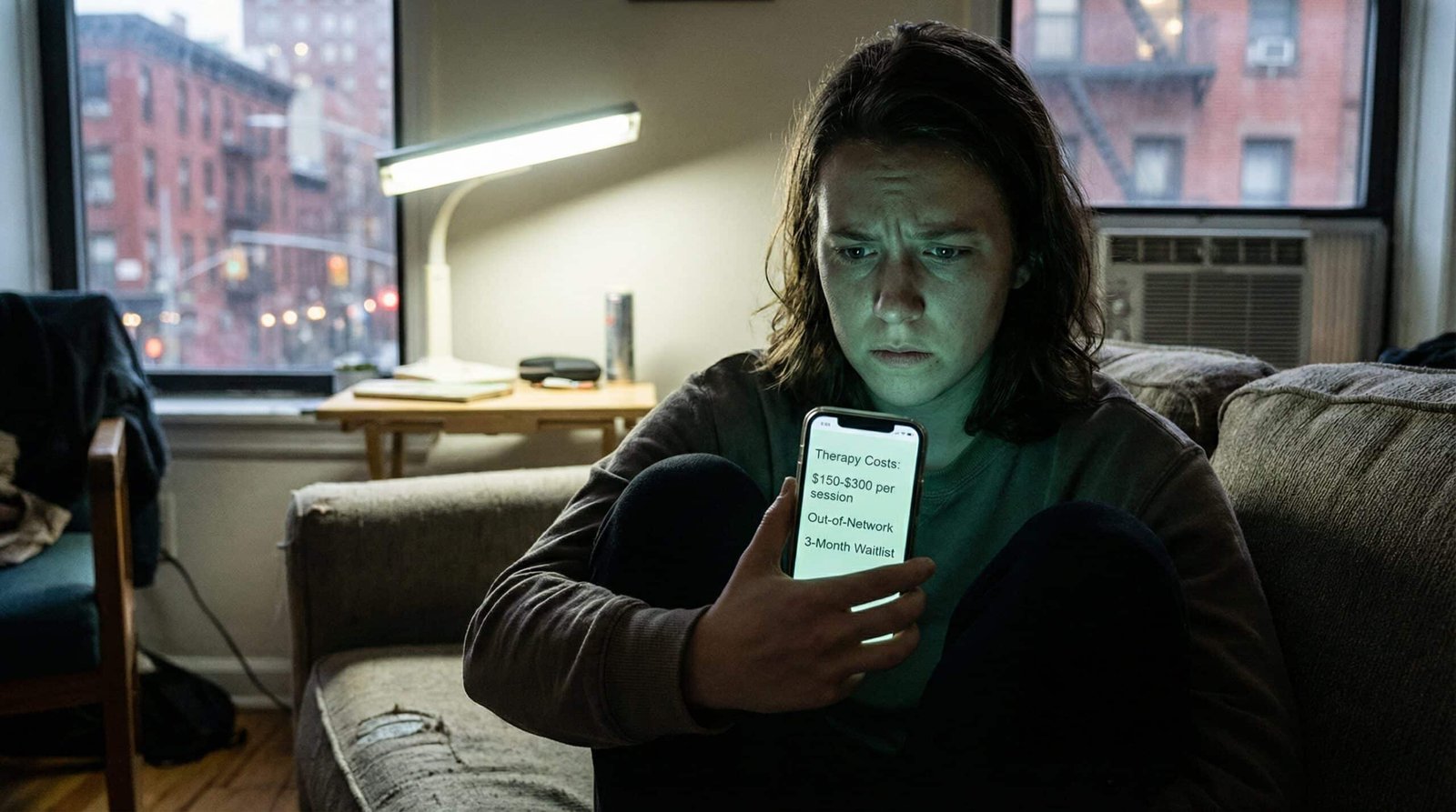 Young person looking at smartphone showing therapy costs 150 to 300 per session out of network with three month waitlist