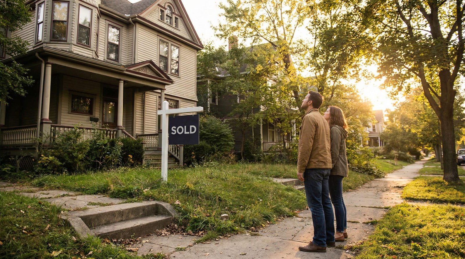 Young millennial couple looking at sold unaffordable home locked out of homeownership