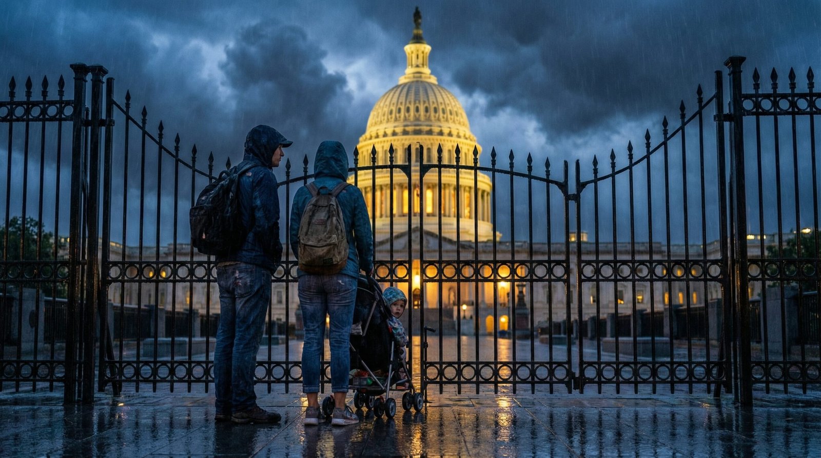 Young millennial family locked out of Capitol Building at night symbolic exclusion from political power