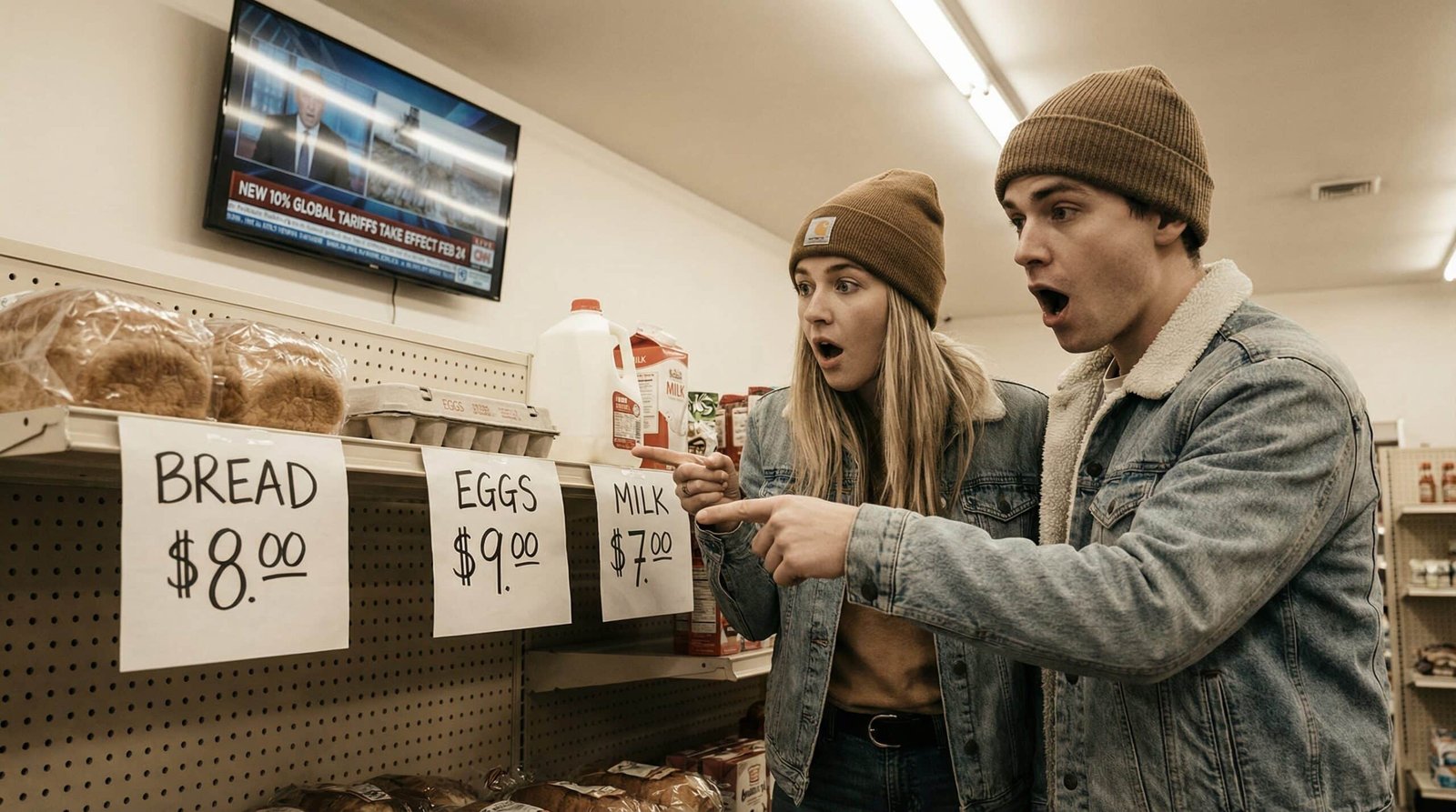 Millennial couple shocked by rising grocery prices caused by new 10 percent global tariffs