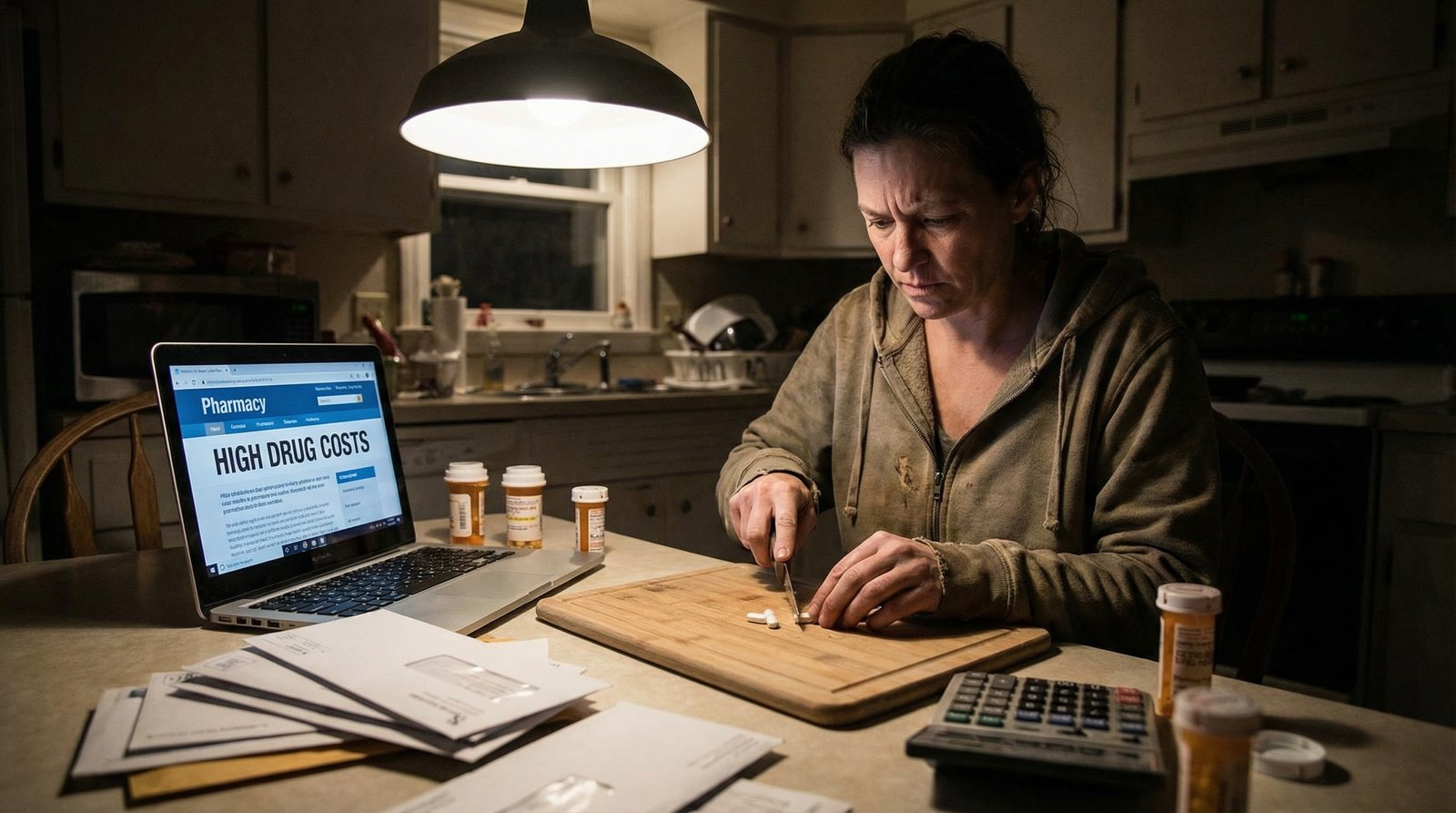 Young millennial woman cutting pills in half at kitchen table surrounded by medical bills