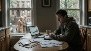 Worried millennial staring at tiny retirement savings balance on laptop surrounded by bills