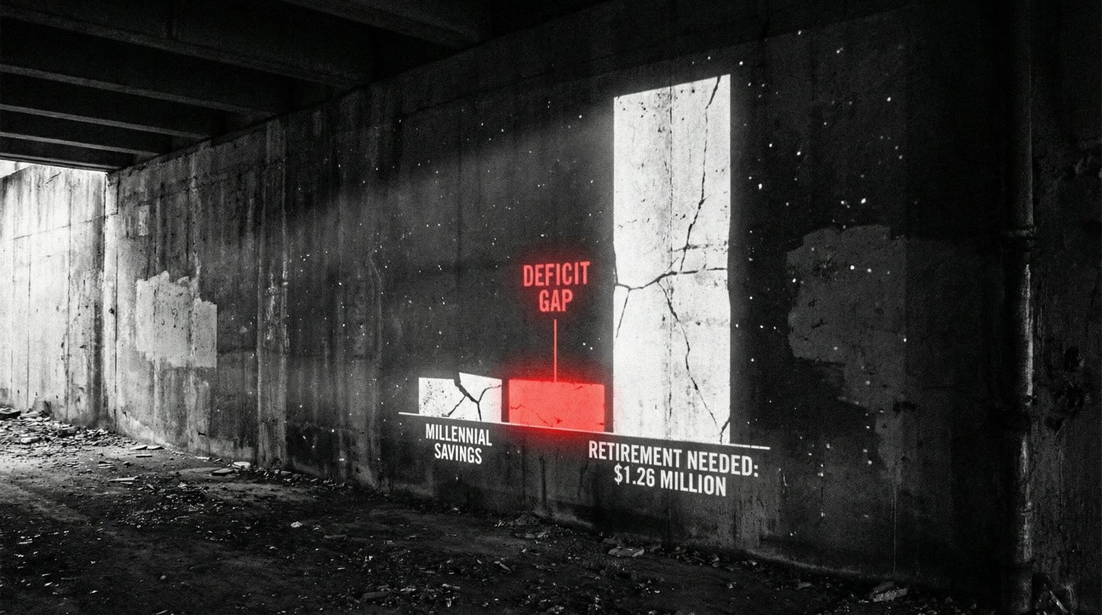 Dramatic chart showing millennial retirement savings gap versus 1.26 million dollars needed