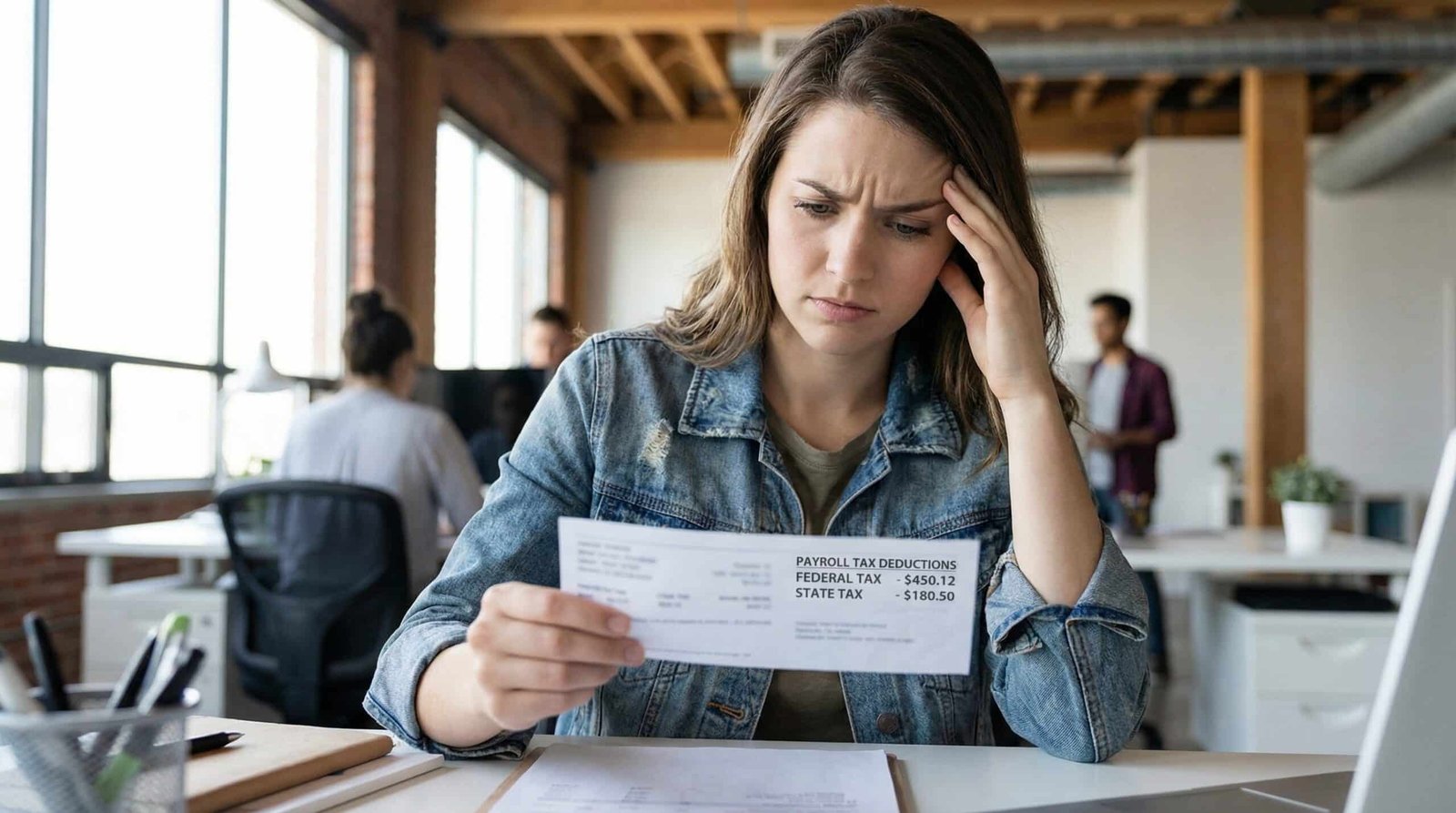 Millennial worker reviewing paycheck with Medicare payroll tax deductions highlighted