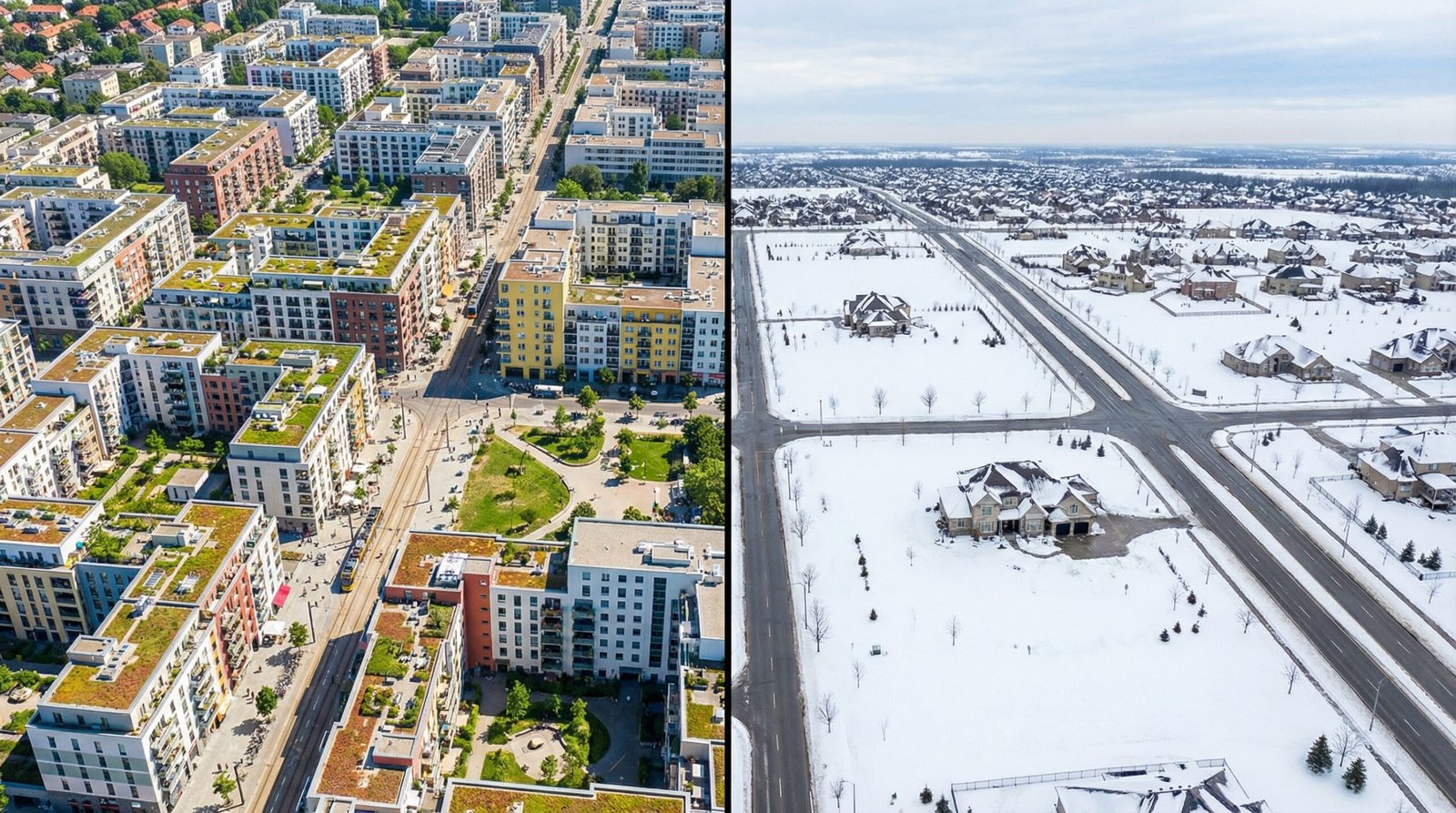 Split aerial view comparing dense Minneapolis housing reform success with frozen low-density suburb