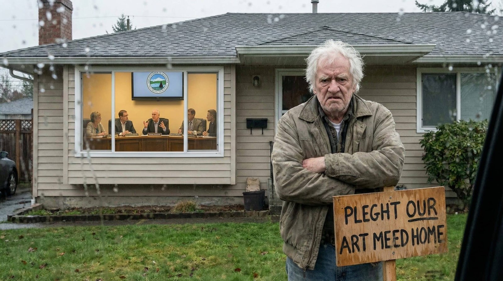 Boomer homeowner opposing housing density at city council meeting with no development sign