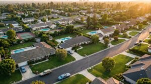 Aerial view of affluent American suburb showing NIMBY zoning impact on housing