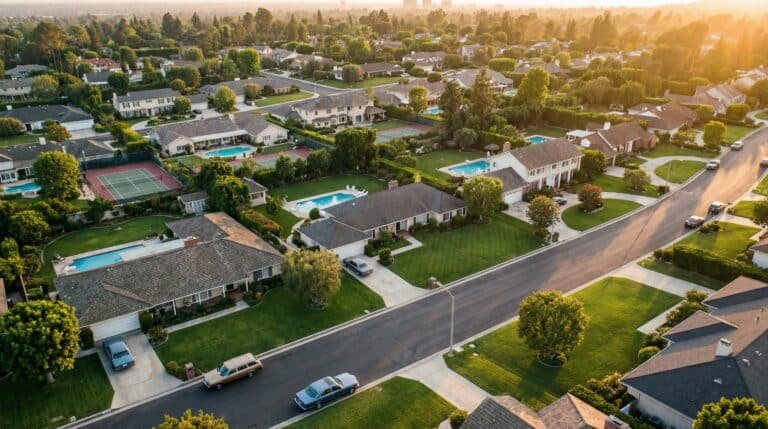 Aerial view of affluent American suburb showing NIMBY zoning impact on housing