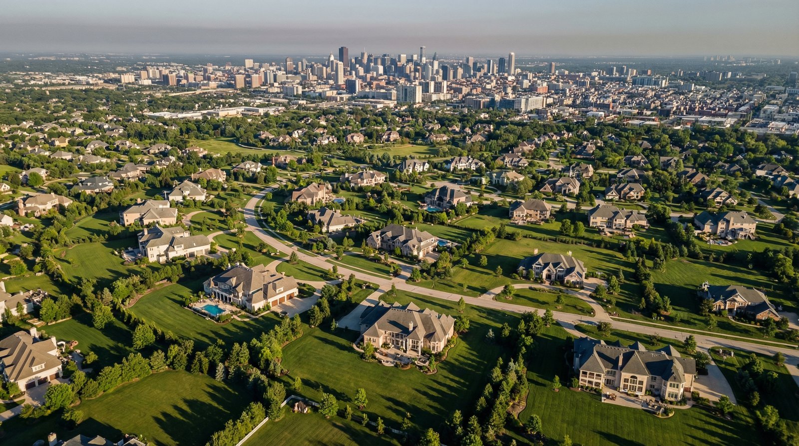 Aerial view of sprawling single-family suburb with NIMBY zoning blocking affordable housing development