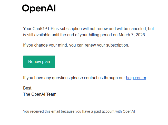 OpenAI ChatGPT Plus subscription cancellation email — user cancelled in response to Trump banning Anthropic for refusing domestic surveillance