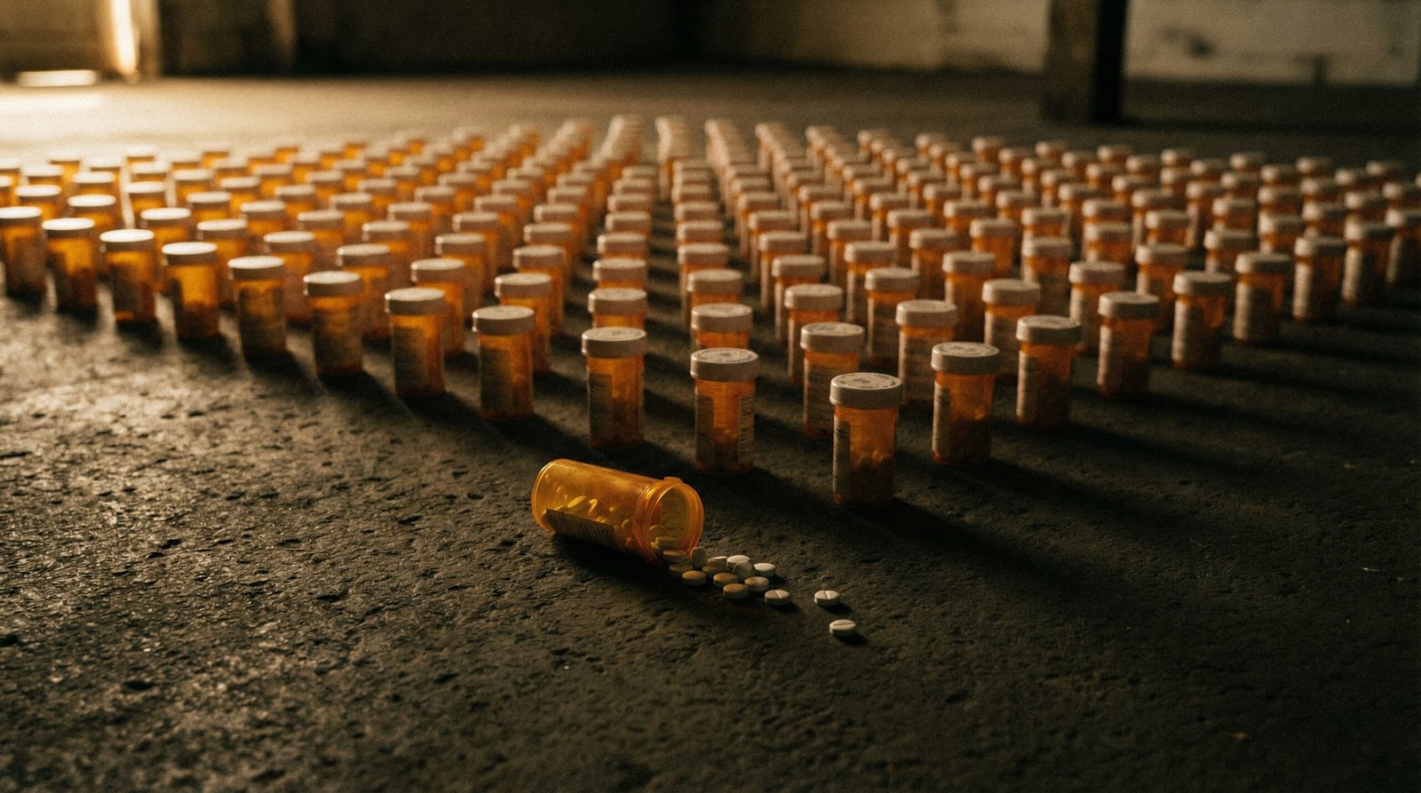 Hundreds of orange prescription pill bottles arranged in a dark grid, one tipped over with pills spilling out