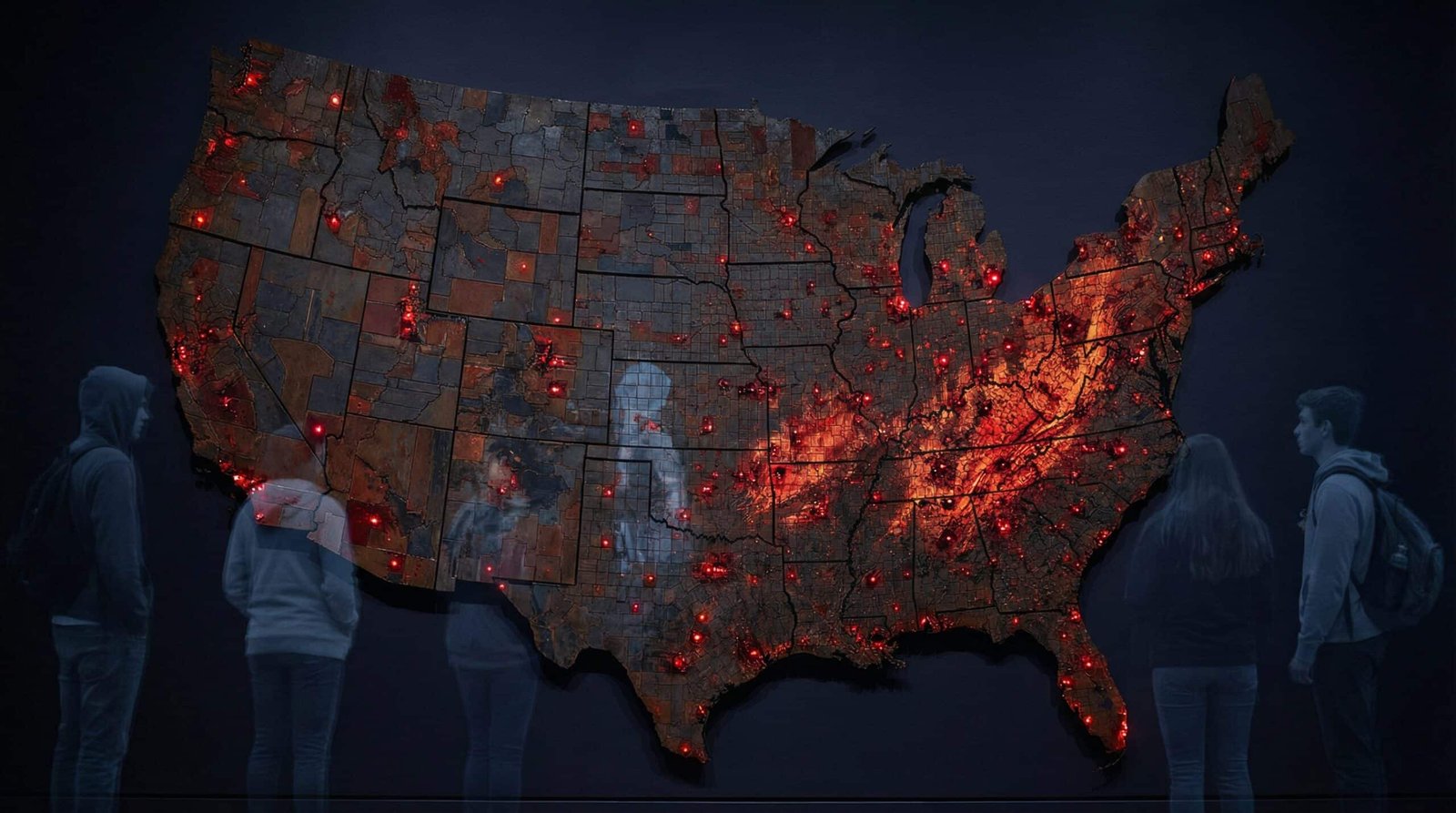 Dark US county map showing opioid overdose death concentration highest in Appalachia West Virginia and Ohio River Valley