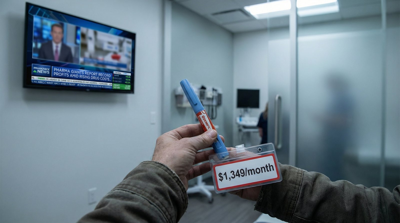 Person holding Ozempic injection pen beside price tag of 1349 dollars per month prescription drug cost