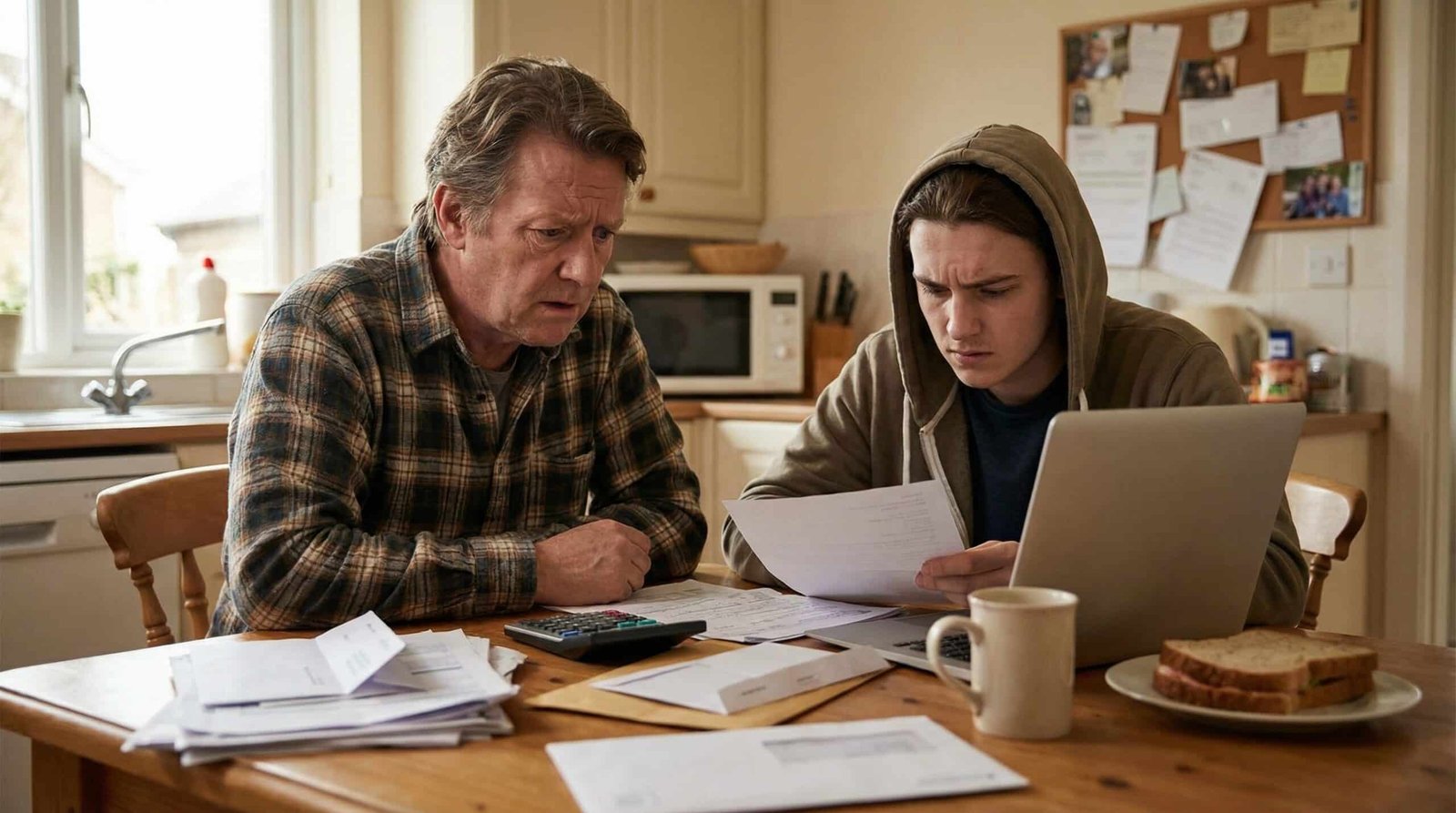 Worried parent and adult child reviewing confusing student loan paperwork at kitchen table