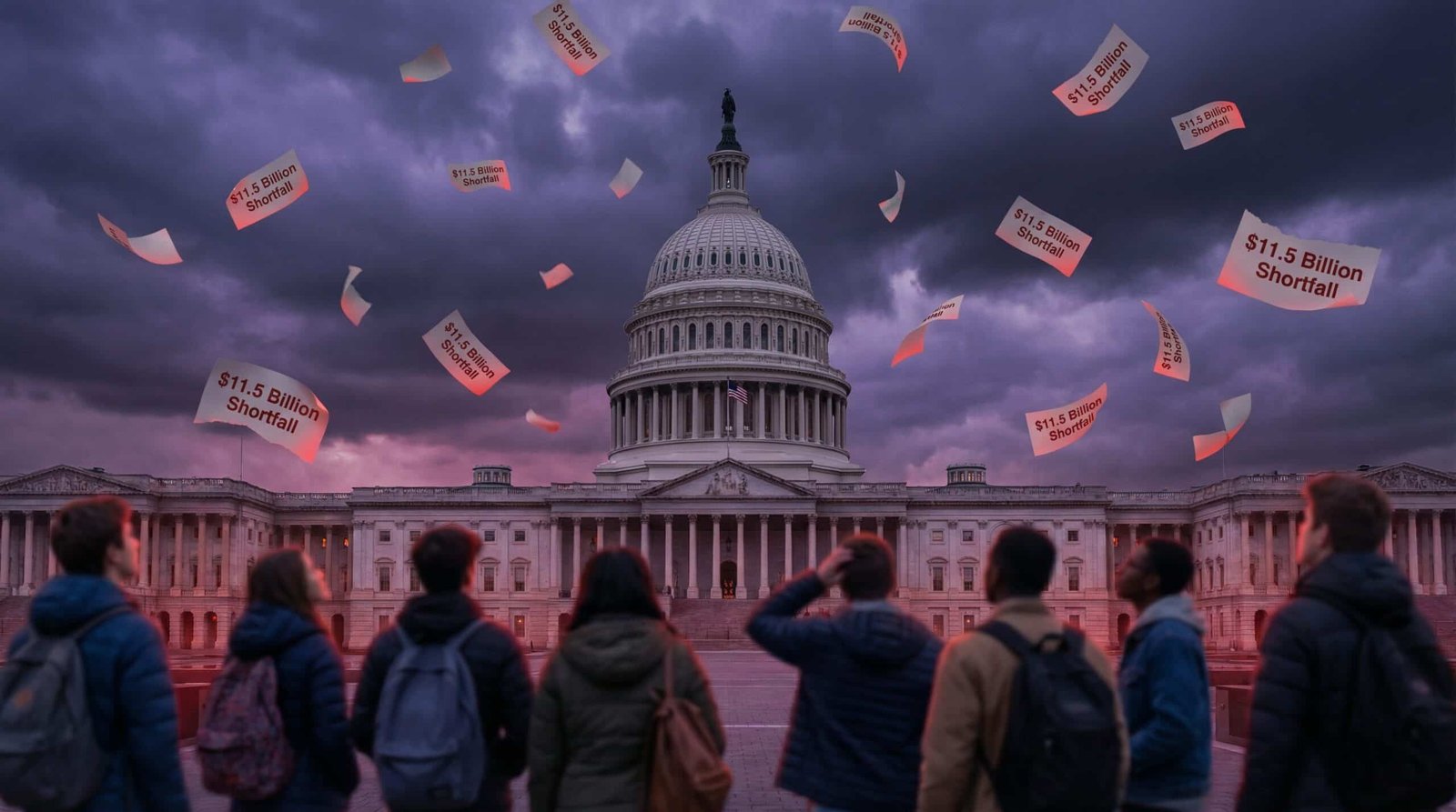 US Capitol with Pell Grant 11.5 billion funding shortfall documents flying in wind