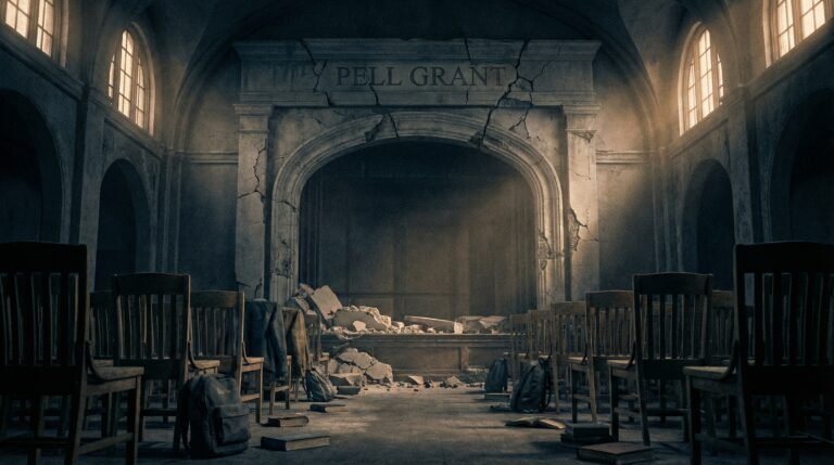 Crumbling Pell Grant archway in empty college lecture hall