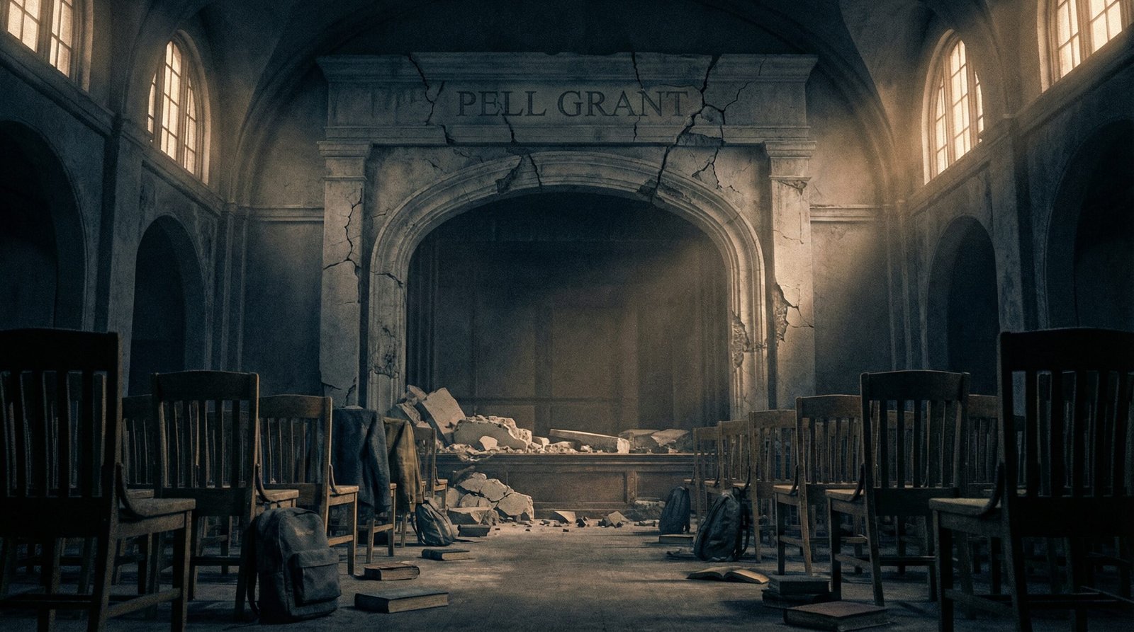 Crumbling Pell Grant archway in empty college lecture hall
