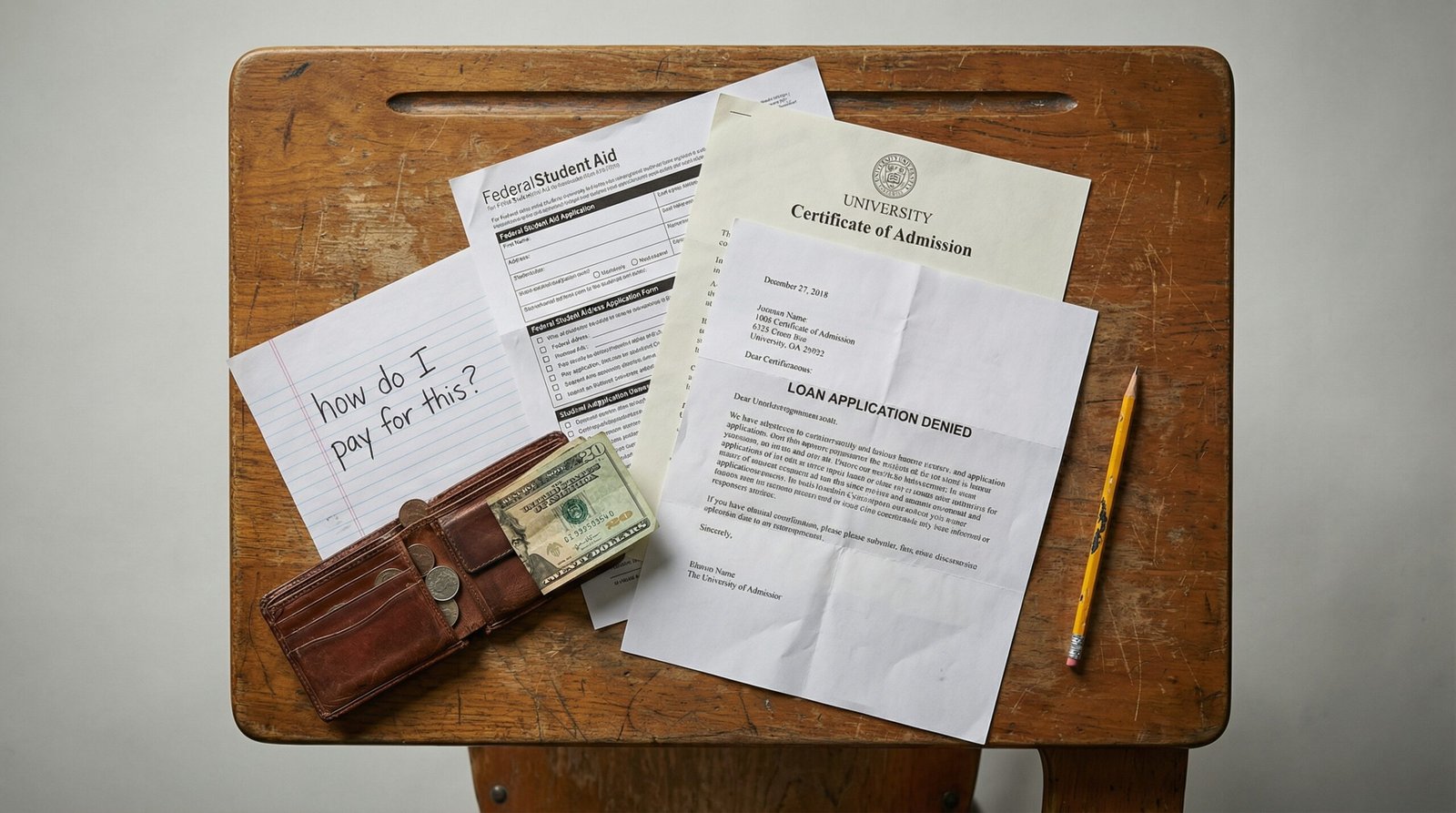 Student desk with FAFSA forms loan rejection letter and empty wallet representing financial aid crisis