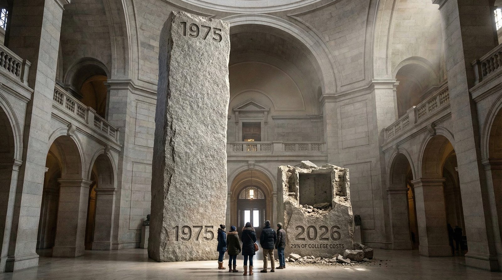 Bar chart showing Pell Grant purchasing power declining from 1975 to 2026 in government hall