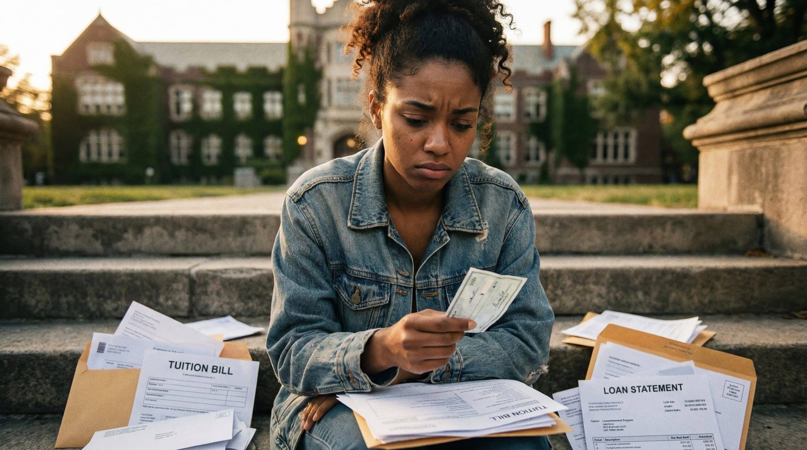 Young college student surrounded by financial aid paperwork and tuition bills