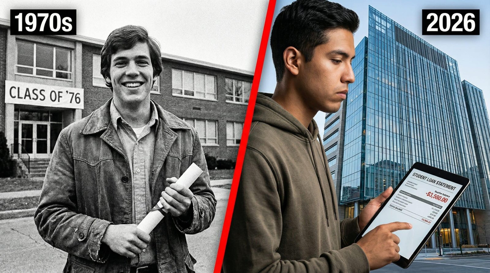 Split image comparing 1975 affordable college era vs 2026 student debt crisis with Pell Grant purchasing power