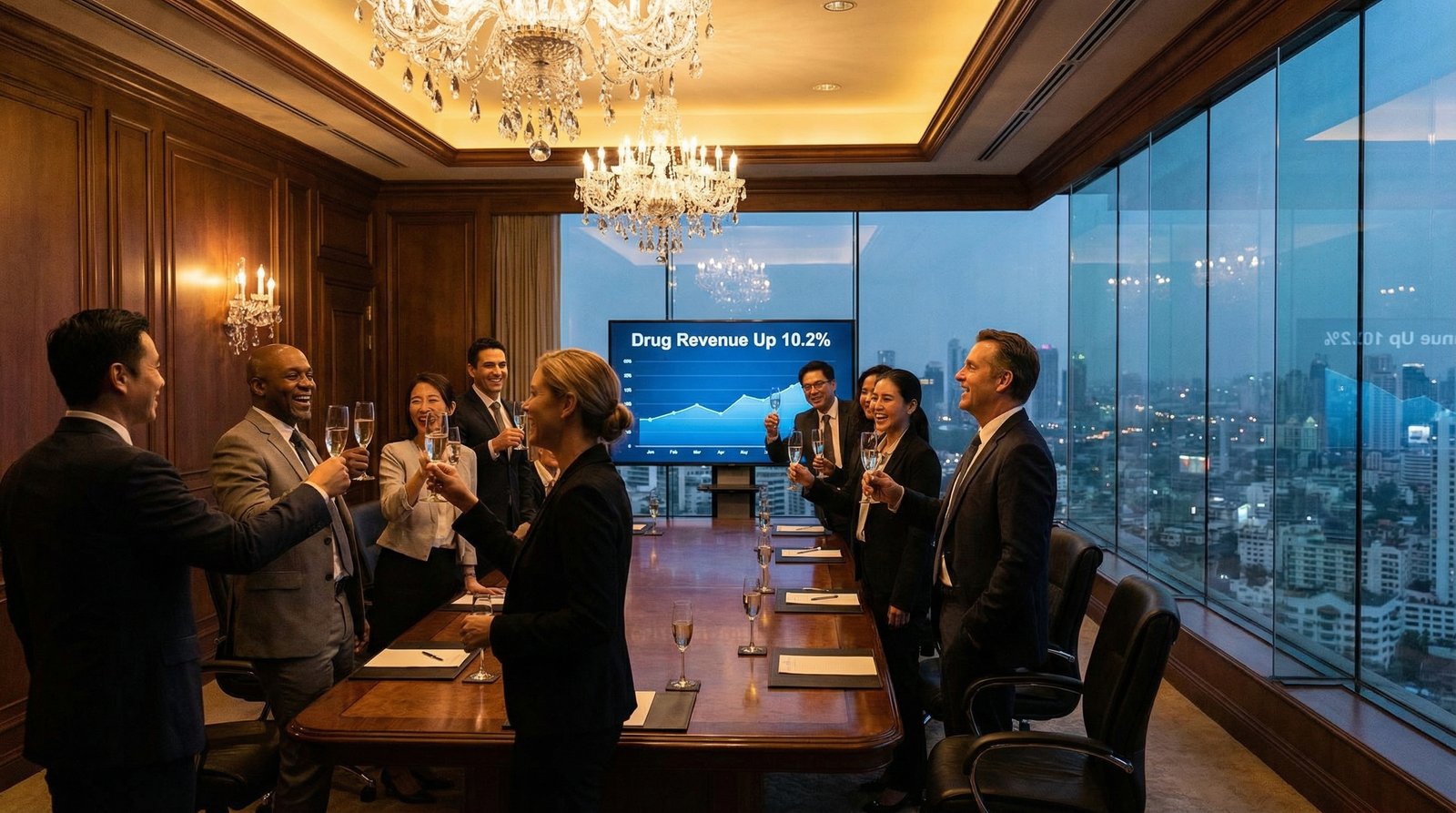 Pharmaceutical company executives celebrating record drug revenue profits in boardroom