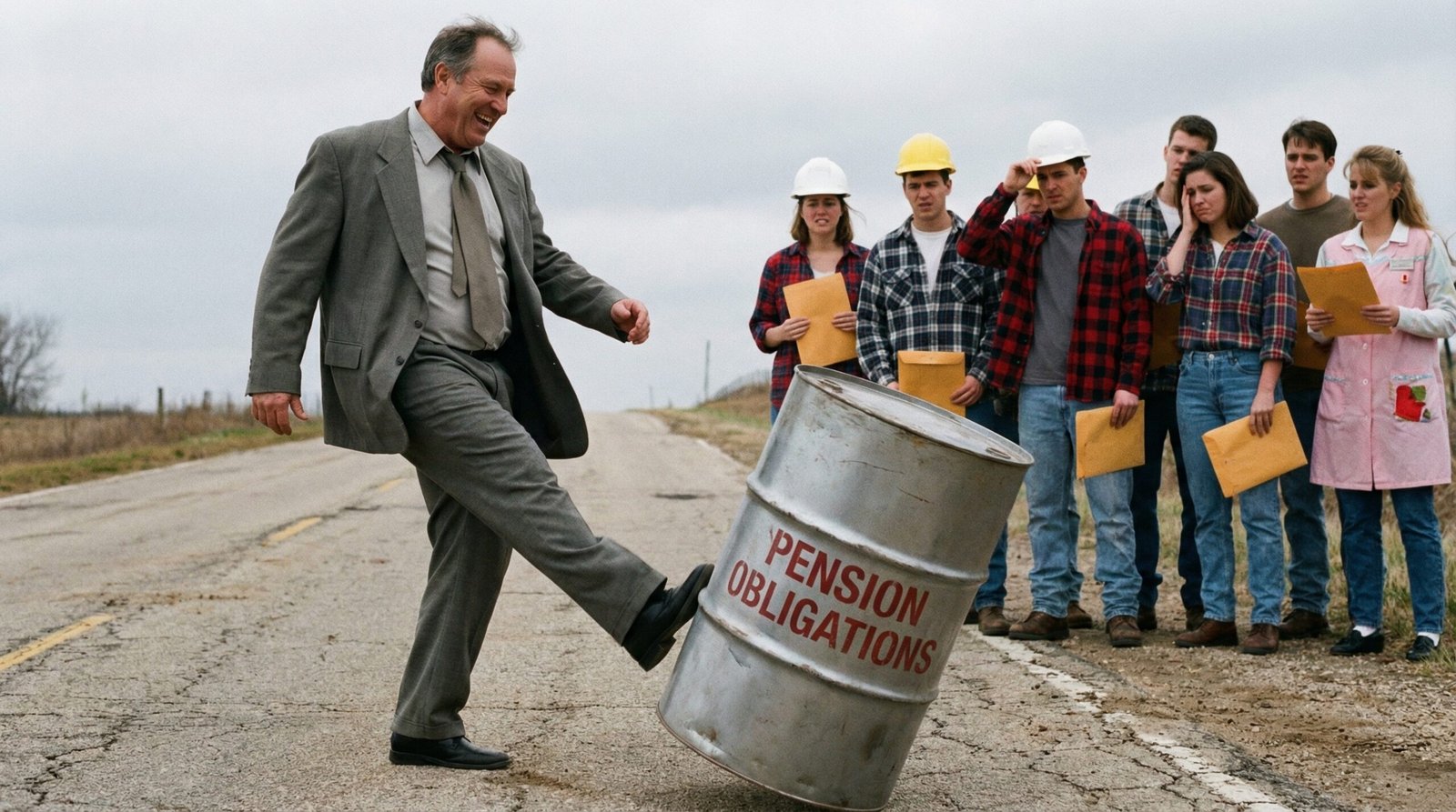 Politician kicking pension debt can down road representing decades of politicians skipping public pension contributions and creating underfunded state pension crisis