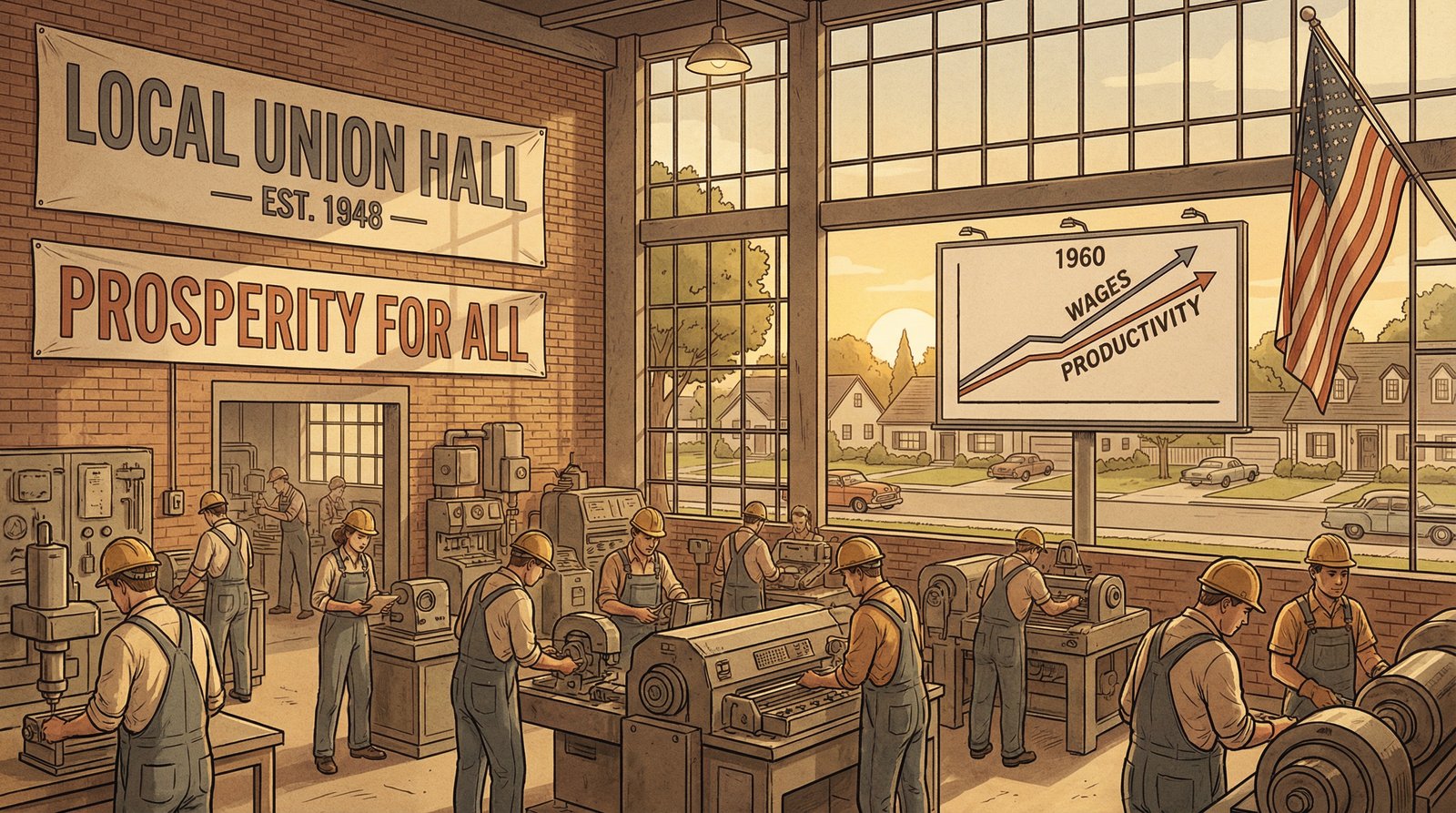 Post-war golden age 1950s American factory workers with wages and productivity rising together in lockstep