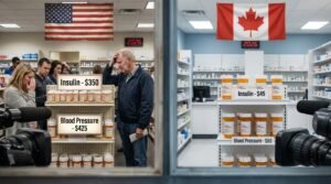 Prescription drug prices US versus Canada comparison at pharmacy counter