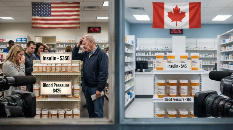 Prescription drug prices US versus Canada comparison at pharmacy counter