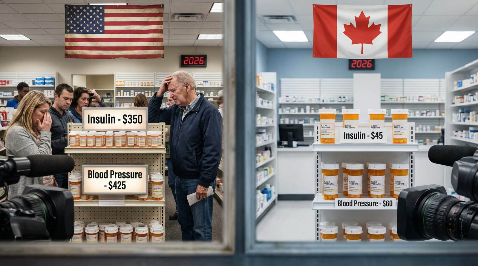 Prescription drug prices US versus Canada comparison at pharmacy counter
