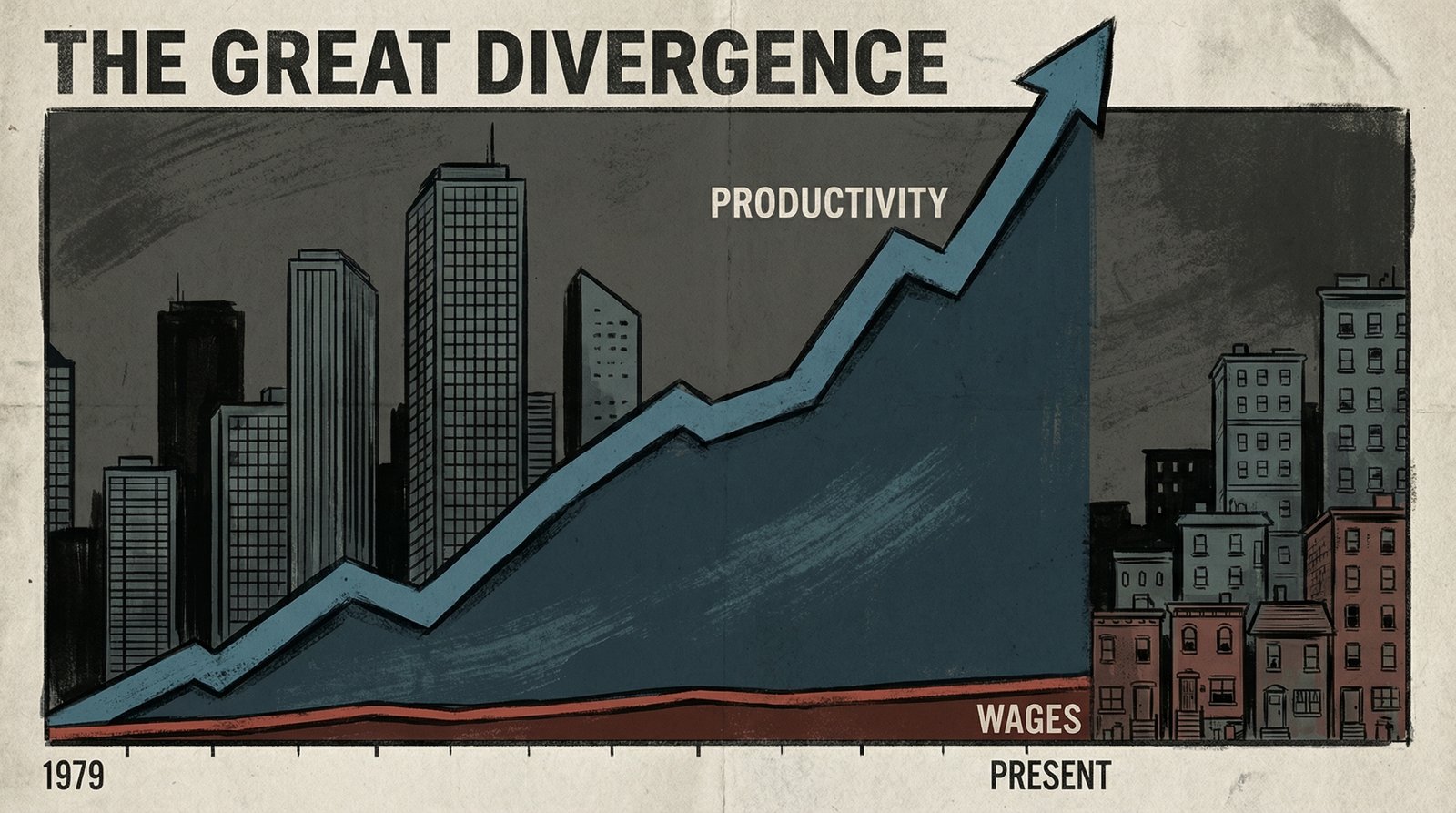 Chart showing US productivity and wage divergence since 1979 — productivity up wages flat editorial illustration